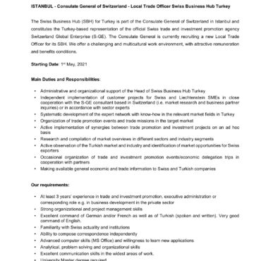 Open Job Position: ISTANBUL – Consulate General of Switzerland – Local Trade Officer Swiss Business Hub Turkey