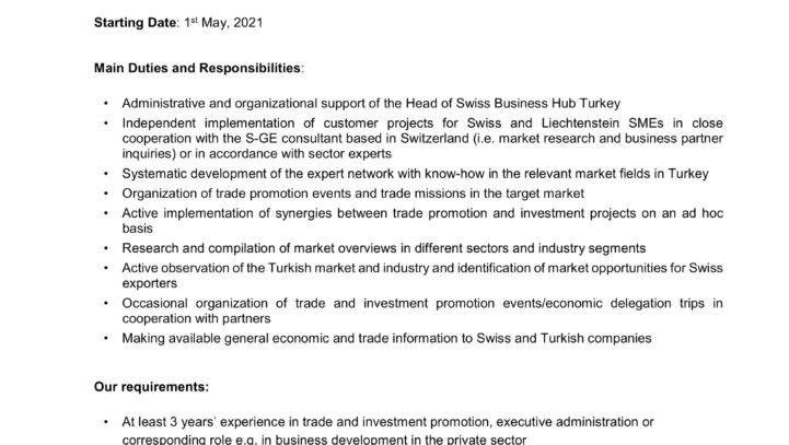 Open Job Position: ISTANBUL – Consulate General of Switzerland – Local Trade Officer Swiss Business Hub Turkey